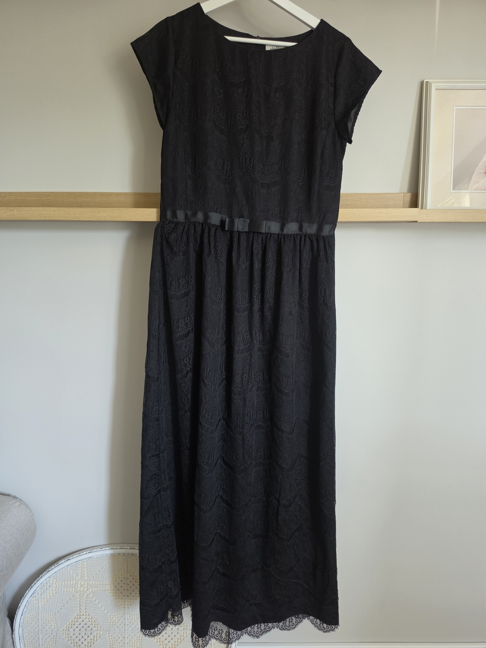 Vintage Shabby Apple Black Lace Maxi Dress with Ribbon Waist
